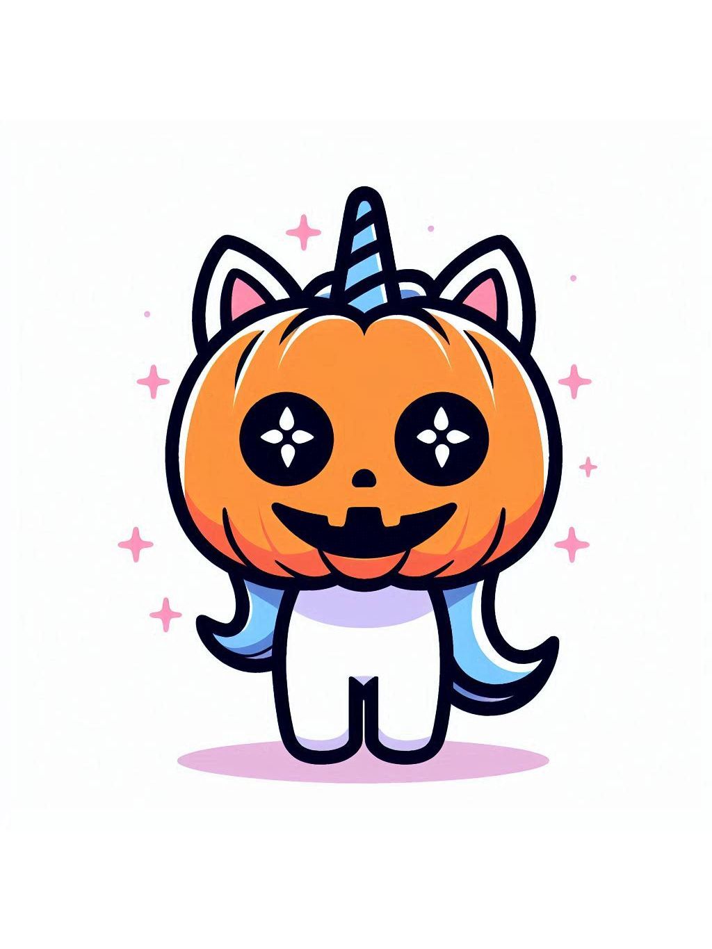 Halloween unicorn illustration ideas featuring a cute unicorn with a jack-o-lantern head, colorful mane and tail, standing on a soft pink shadow with pink star accents.